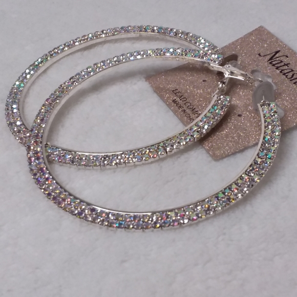 Hoop Pierce Earrings Silver Tone Clear Borealis Rhinestones Natasha - Picture 2 of 7